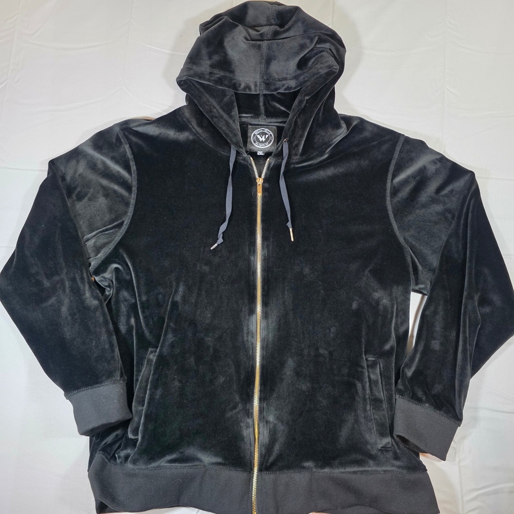 White Mark Los Angeles Black Velour Zip Up Hoodie Jacket Gold Zipper 2XL